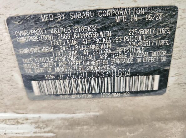 JF2GUADC0R8391664 2024 SUBARU CROSSTREK White VIN კოდის სტიკერის ხედი