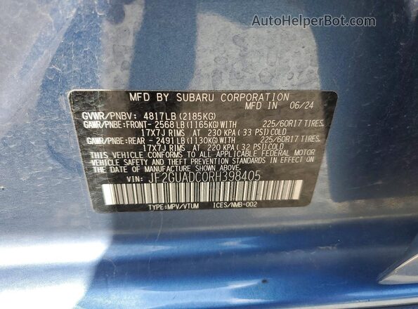JF2GUADC0RH398405 2024 SUBARU CROSSTREK Blue VIN კოდის სტიკერის ხედი