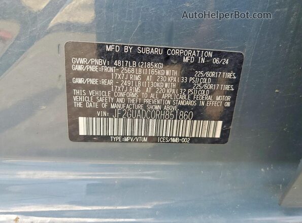 JF2GUADC0RH851860 2024 SUBARU CROSSTREK Синий Вид наклейки с VIN-кодом