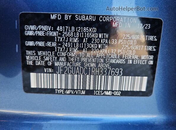 JF2GUADC1RH337693 2024 SUBARU CROSSTREK Blue VIN կոդի պիտակի տեսք