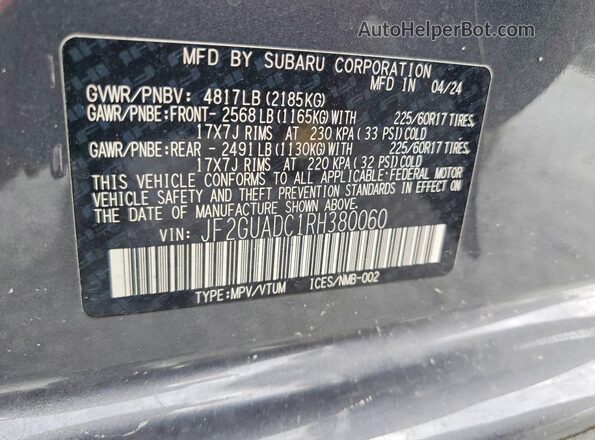 JF2GUADC1RH380060 2024 SUBARU CROSSTREK Gray Вид наклейки з VIN-кодом