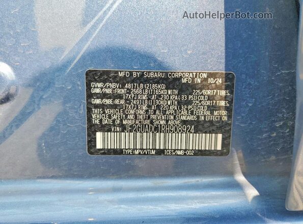 JF2GUADC1RH908924 2024 SUBARU CROSSTREK Blue VIN sticker view