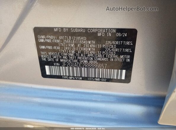 JF2GUADC2R8886657 2024 SUBARU CROSSTREK Silver Widok komory silnika