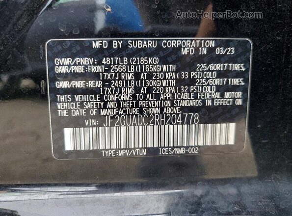JF2GUADC2RH204778 2024 SUBARU CROSSTREK Черный Вид наклейки с VIN-кодом
