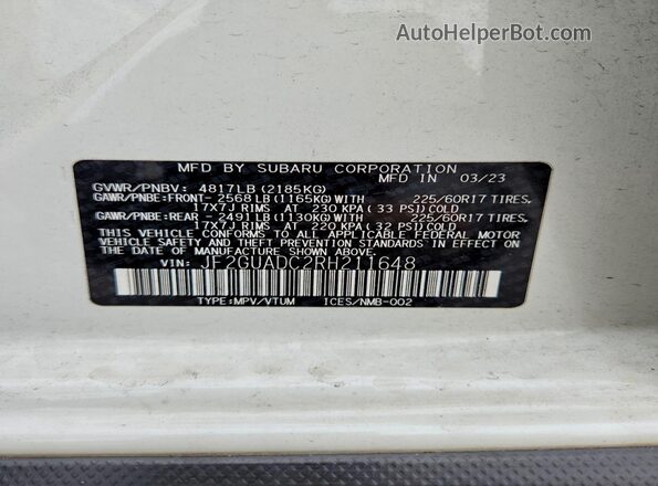 JF2GUADC2RH211648 2024 SUBARU CROSSTREK White სალონის 360-გრადუსიანი ხედი
