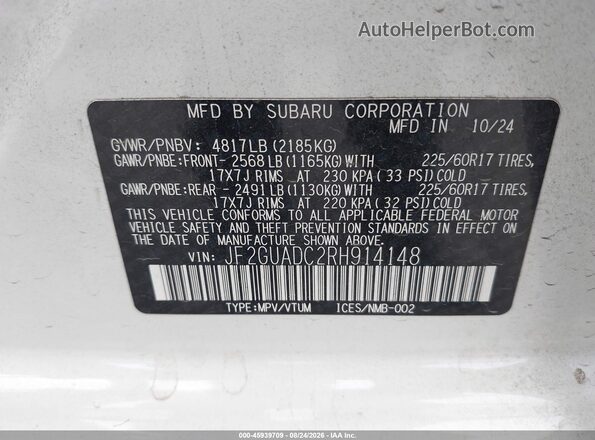 JF2GUADC2RH914148 2024 SUBARU CROSSTREK Белый Вид подкапотного пространства