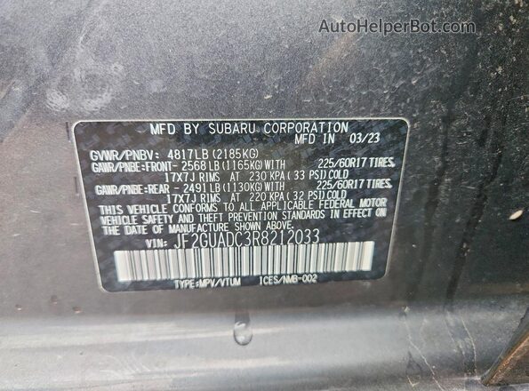 JF2GUADC3R8212033 2024 SUBARU CROSSTREK Gray VIN კოდის სტიკერის ხედი