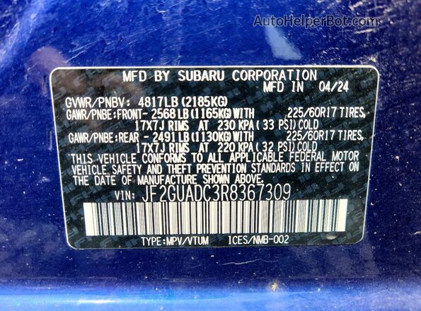 JF2GUADC3R8367309 2024 SUBARU CROSSTREK Blue Vista de la etiqueta del VIN