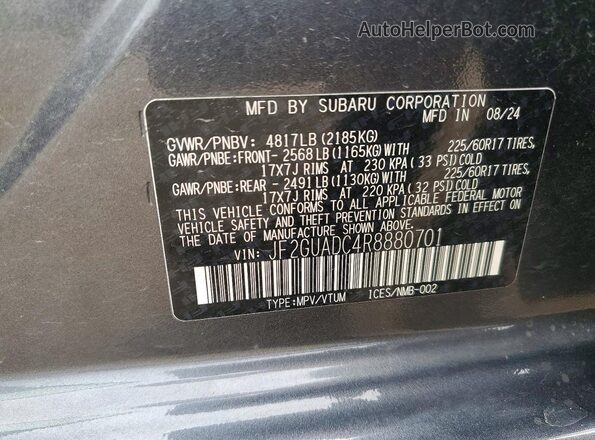 JF2GUADC4R8880701 2024 SUBARU CROSSTREK Charcoal VIN sticker view