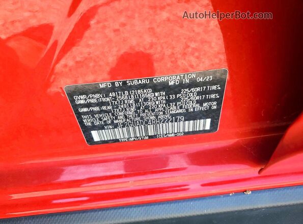 JF2GUADC4RH222179 2024 SUBARU CROSSTREK Red VIN კოდის სტიკერის ხედი