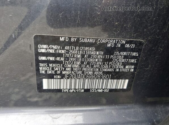 JF2GUADC6RH283601 2024 SUBARU CROSSTREK Gray Engine compartment view