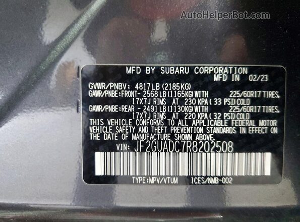 JF2GUADC7R8202508 2024 SUBARU CROSSTREK Gray Widok wnętrza 360 stopni