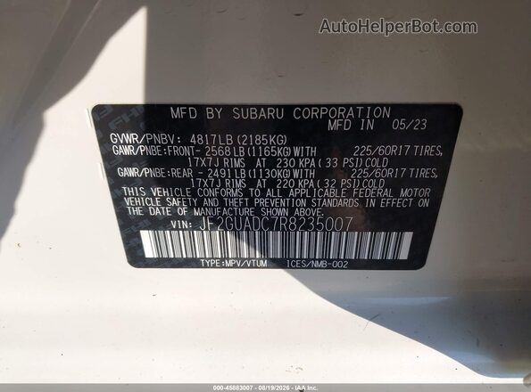 JF2GUADC7R8235007 2024 SUBARU CROSSTREK White ძრავის განყოფილების ხედი