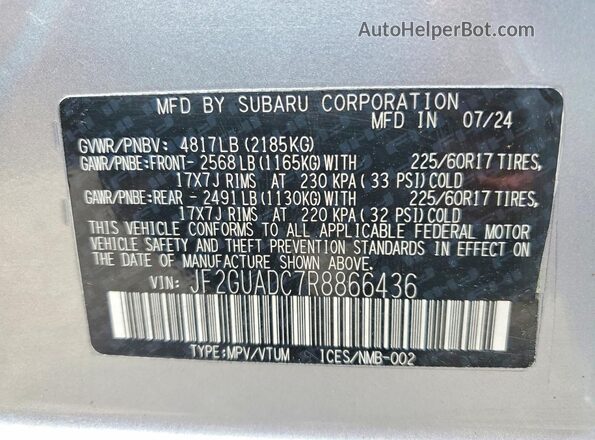 JF2GUADC7R8866436 2024 SUBARU CROSSTREK Silver ძრავის განყოფილების ხედი