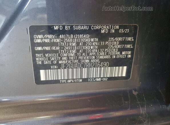 JF2GUADC7RH216490 2024 SUBARU CROSSTREK Gray Вид наклейки з VIN-кодом