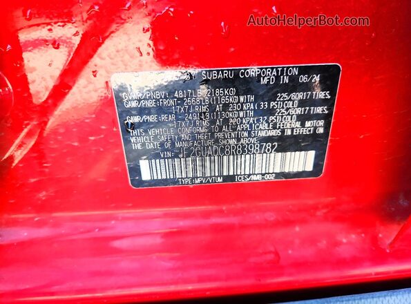 JF2GUADC8R8398782 2024 SUBARU CROSSTREK Red Vista de la etiqueta del VIN