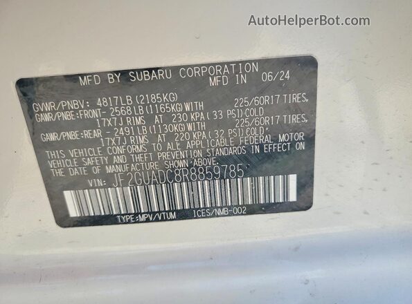 JF2GUADC8R8859785 2024 SUBARU CROSSTREK White VIN კოდის სტიკერის ხედი