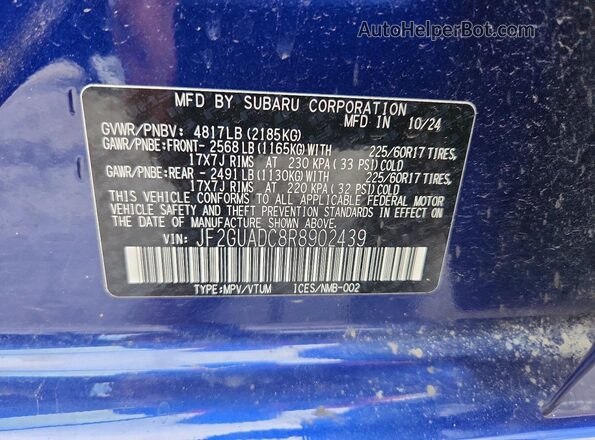 JF2GUADC8R8902439 2024 SUBARU CROSSTREK Blue VIN კოდის სტიკერის ხედი