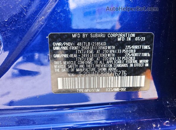 JF2GUADC8RH276276 2024 SUBARU CROSSTREK Синий Панорамный вид салона 360°