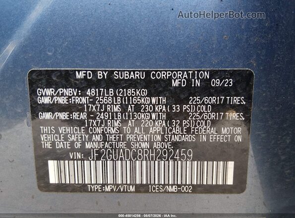 JF2GUADC8RH292459 2024 SUBARU CROSSTREK Blue Engine compartment view