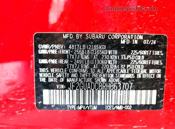 JF2GUADC8RH863707 2024 SUBARU CROSSTREK Красный Вид подкапотного пространства