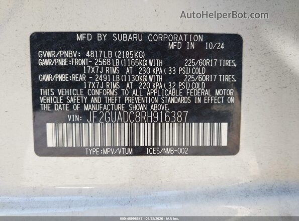 JF2GUADC8RH916387 2024 SUBARU CROSSTREK White ძრავის განყოფილების ხედი