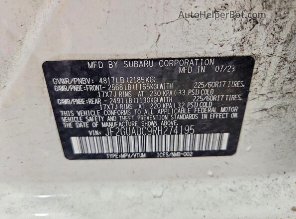 JF2GUADC9RH274195 2024 SUBARU CROSSTREK White VIN կոդի պիտակի տեսք