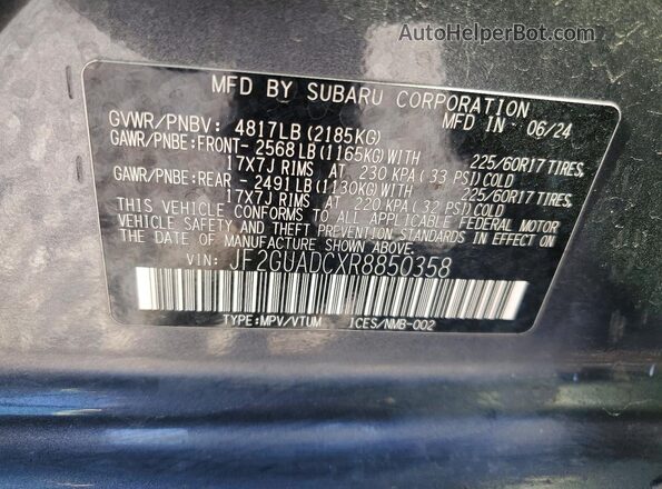 JF2GUADCXR8850358 2024 SUBARU CROSSTREK Charcoal Вид підкапотного простору