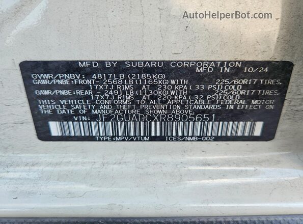 JF2GUADCXR8905651 2024 SUBARU CROSSTREK White VIN sticker view
