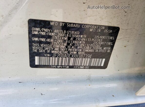 JF2GUADCXRH387394 2024 SUBARU CROSSTREK White Շարժիչի բաժամունքի տեսք