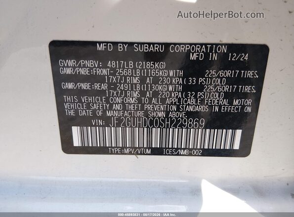 JF2GUHDC0SH229869 2025 SUBARU CROSSTREK White Շարժիչի բաժամունքի տեսք