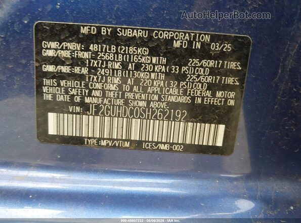 JF2GUHDC0SH262192 2025 SUBARU CROSSTREK Blue Շարժիչի բաժամունքի տեսք