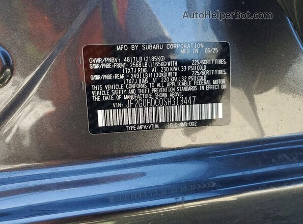 JF2GUHDC0SH313447 2025 SUBARU CROSSTREK Gray VIN կոդի պիտակի տեսք
