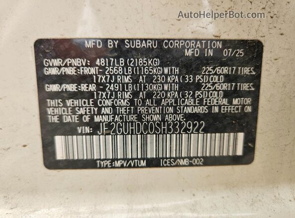 JF2GUHDC0SH332922 2025 SUBARU CROSSTREK Белый Вид наклейки с VIN-кодом