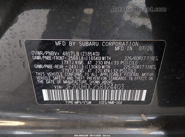 JF2GUHDC2S8324403 2025 SUBARU CROSSTREK Gray Widok komory silnika