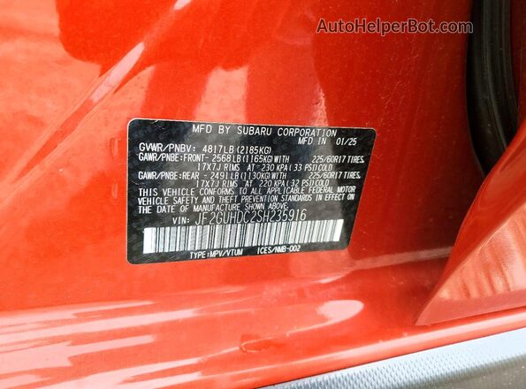 JF2GUHDC2SH235916 2025 SUBARU CROSSTREK Orange Widok wnętrza 360 stopni
