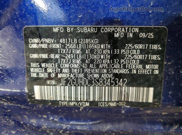 JF2GUHDC3S8345342 2025 SUBARU CROSSTREK Blue ძრავის განყოფილების ხედი