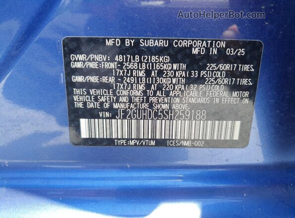 JF2GUHDC5SH259188 2025 SUBARU CROSSTREK Blue Vista interior de 360 grados