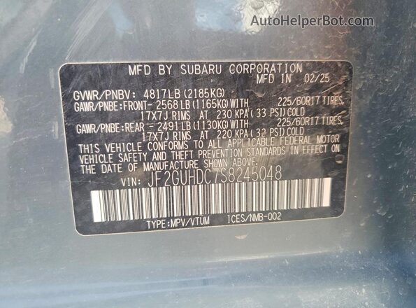 JF2GUHDC7S8245048 2025 SUBARU CROSSTREK Gray Vista de la etiqueta del VIN