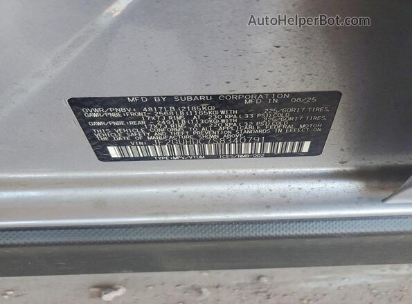 JF2GUHDC7S8340791 2025 SUBARU CROSSTREK Silver Вид наклейки з VIN-кодом