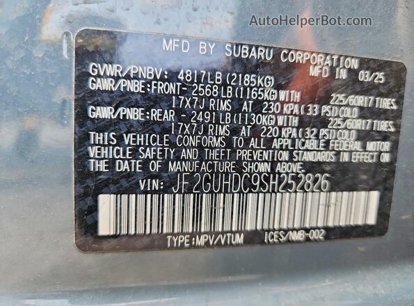JF2GUHDC9SH252826 2025 SUBARU CROSSTREK Gray 360 interior view