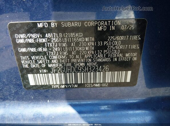 JF2GUHDC9SH323426 2025 SUBARU CROSSTREK Синий Вид подкапотного пространства