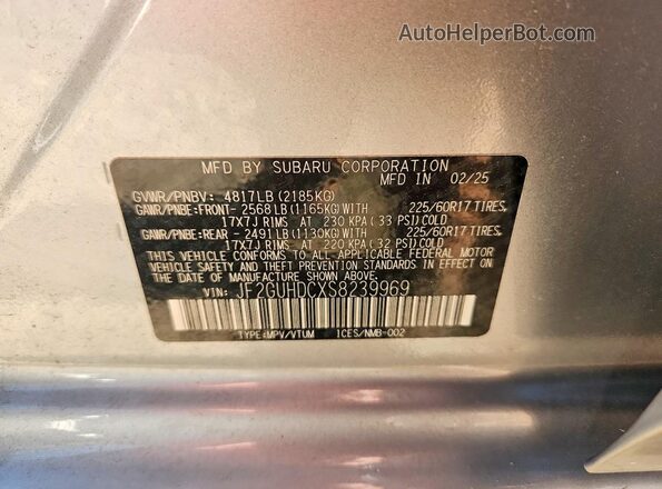 JF2GUHDCXS8239969 2025 SUBARU CROSSTREK Silver VIN sticker view
