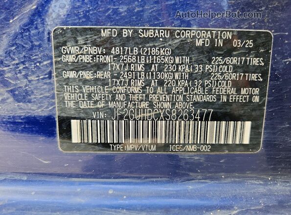 JF2GUHDCXS8263477 2025 SUBARU CROSSTREK Синий Вид наклейки с VIN-кодом