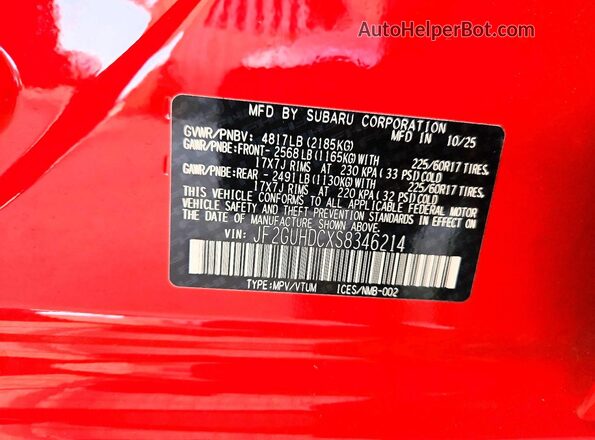 JF2GUHDCXS8346214 2025 SUBARU CROSSTREK Red VIN կոդի պիտակի տեսք