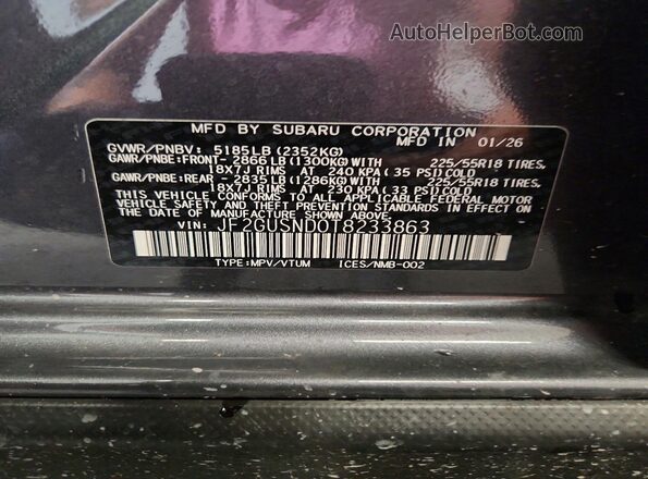 JF2GUSND0T8233863 2026 SUBARU CROSSTREK Charcoal Vista de la etiqueta del VIN