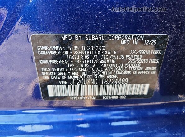 JF2GUSND1T8224489 2026 SUBARU CROSSTREK Blue VIN կոդի պիտակի տեսք