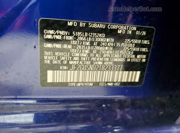 JF2GUSND2T8233377 2026 SUBARU CROSSTREK Синий Вид подкапотного пространства