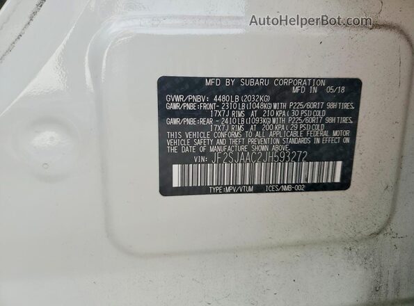 JF2SJAAC2JH593272 2018 SUBARU FORESTER White VIN კოდის სტიკერის ხედი