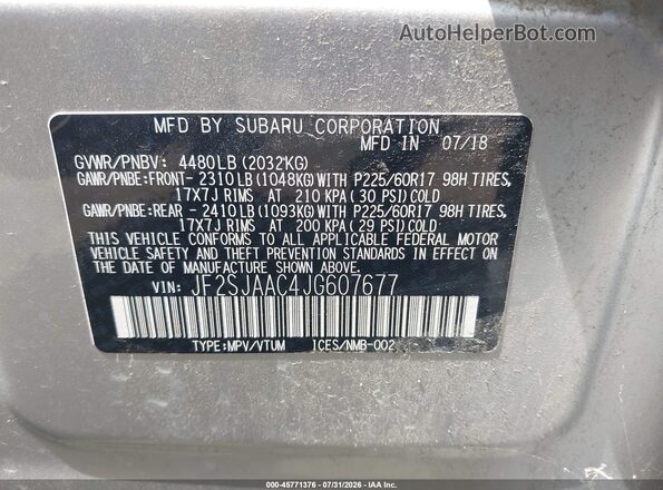 JF2SJAAC4JG607677 2018 SUBARU FORESTER Silver ძრავის განყოფილების ხედი